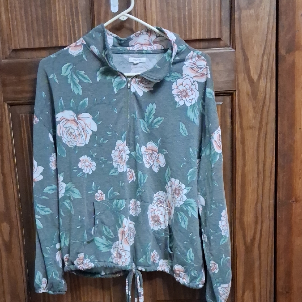 Maurices Sage Floral Half-Zip Pullover with Pink and Green Accents